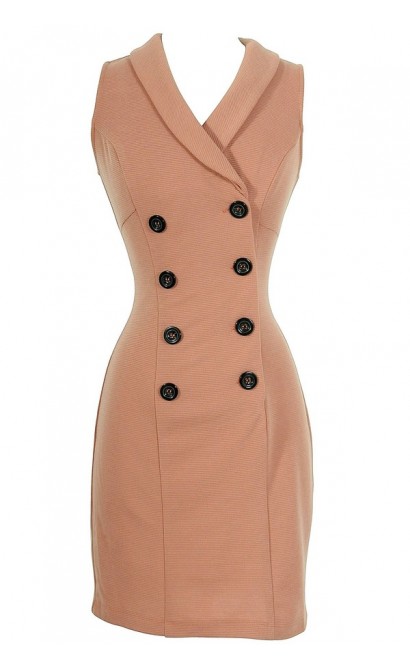 Dusty Rose Textured Crossover Dress With Contrast Buttons